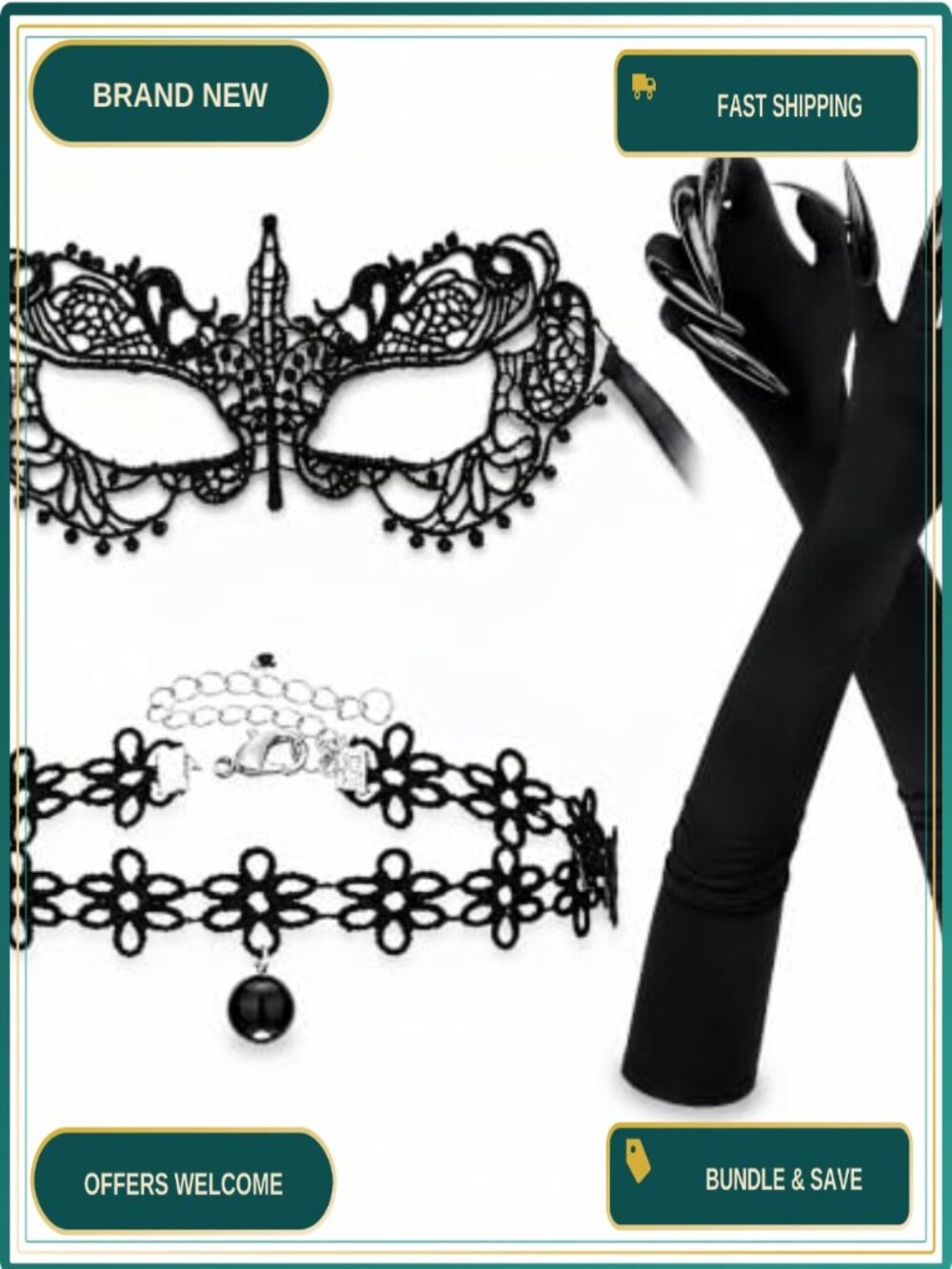 Lace Cat Costume Set Eye Mask Collar Paw Gloves Halloween Cosplay